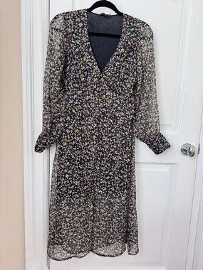 Wednesday's Girl Semi-Sheer Midi Black Long Sleeve Dress Floral Print V Neck S